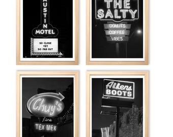 Austin Photography - Set of 4, Black-and-White Prints, Austin Wall Decor, Original Chuys, Austin Motel, Allens Boots, The Salty, Austin TX