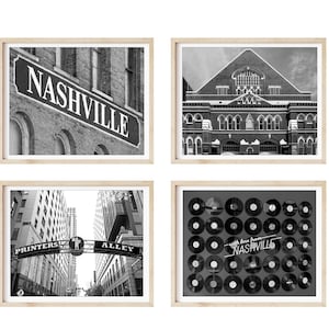 Nashville Photography--Set Of 4 Prints, B&W Nashville Landmarks, Ryman Auditorium, Printers Alley, Nashville Wall Decor, Nashville Vinyl LPs