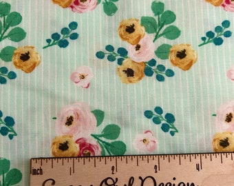 Aqua Blue Striped Floral Fabric - Riley Blake Spring Gardens Blooms in Sky Blue