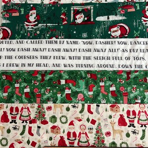 May include: Christmas-themed fabric with various patterns. The fabric features Santa Claus, Mrs. Claus, reindeer, Christmas trees, stockings, and gift boxes. The fabric also has text from a Christmas poem. A wooden ruler with the text "Sugar Owl Design" is at the bottom.