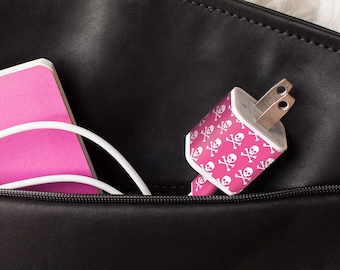 iPhone Charger Decal - Skull & Crossbones Pink - Colorful and fun gift for Apple iPhone users!