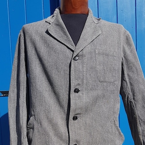 Vintage Französischer grauer langer Malerjacke Duster Mantel Arbeit Arbeitskleidung Atelier Mantel