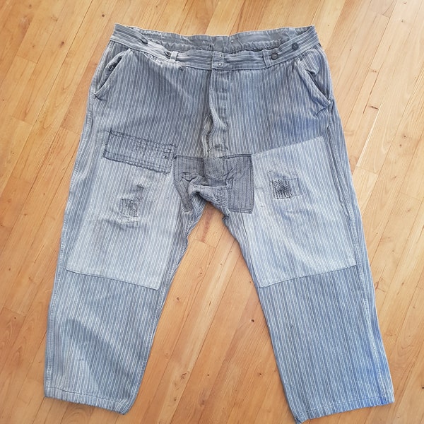 pantalon boro à patchs en coton rayé gris workwear vintage français 42-44 L/XL