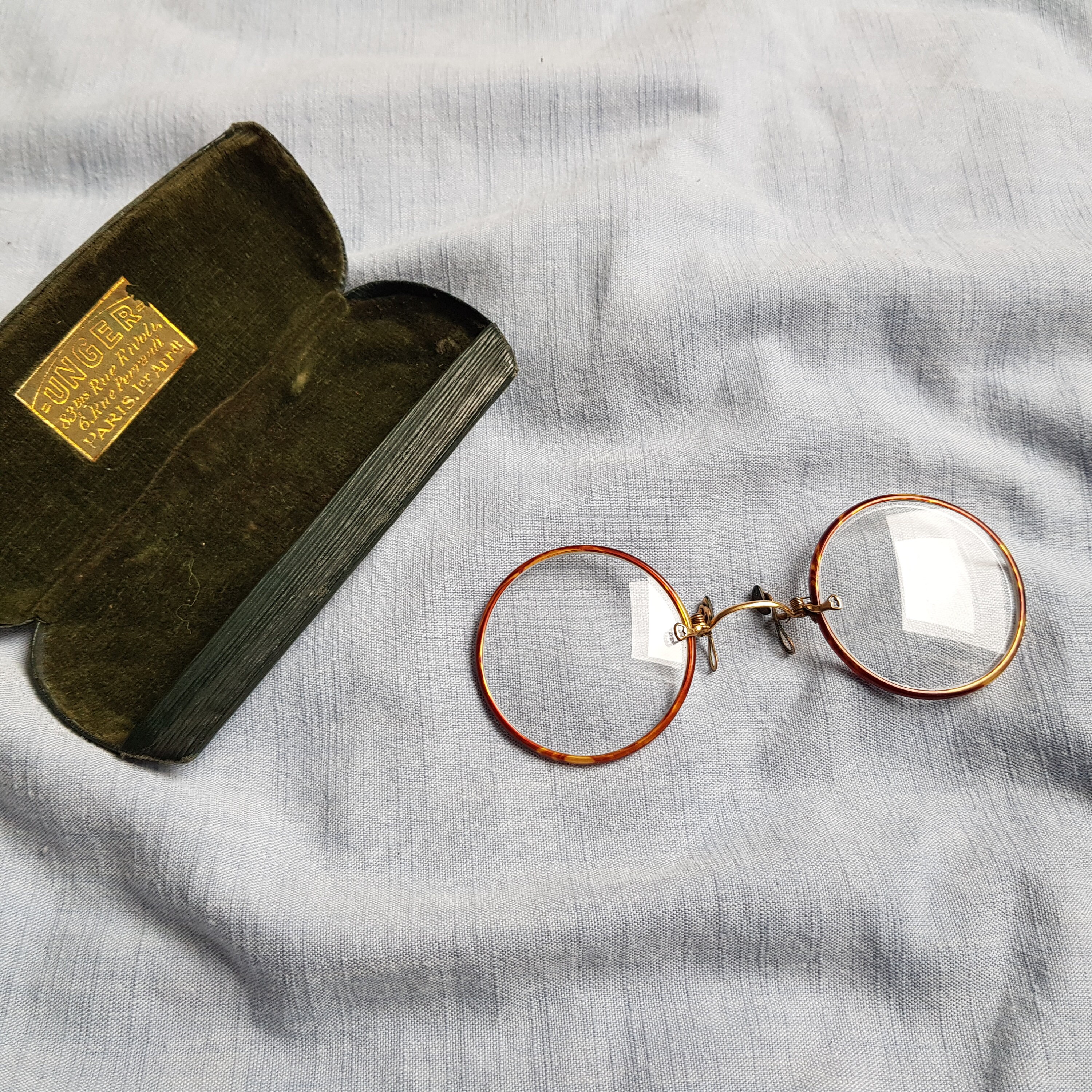 Antique Alpaca Case and Pince Nez Glasses With Orange Lenses 