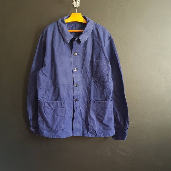 French vintage bleu de travail blue cotton work chore jacket "La chouette" M/L