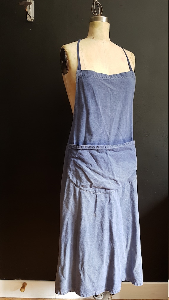 フランス ヴィンテージ エプロン タブリエ コットンツイル ブルー