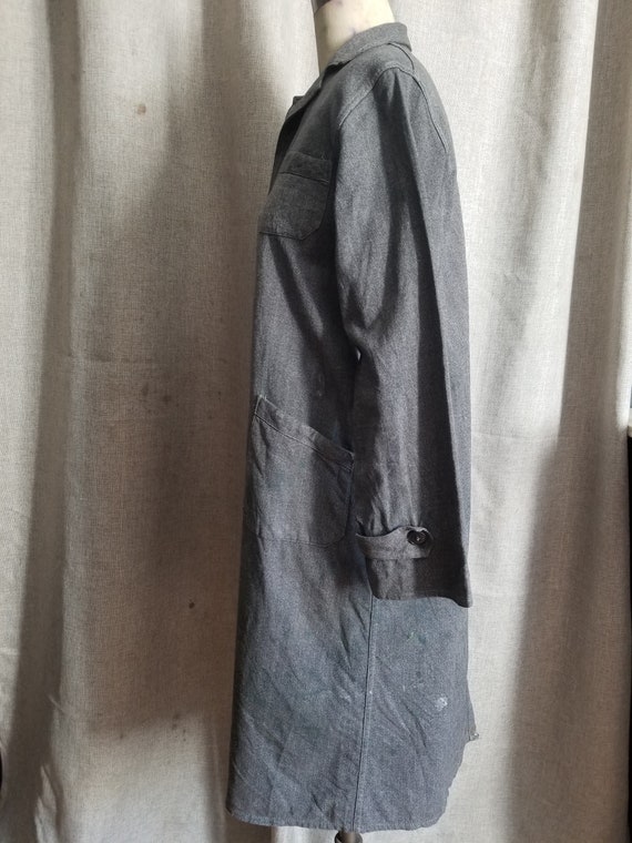 Vintage French grey long chore jacket duster coat… - image 7