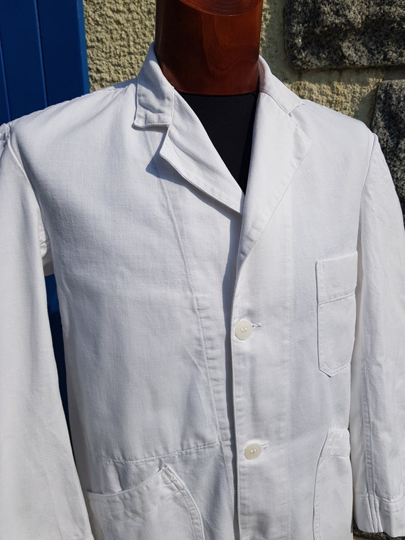 Vintage French white cotton worker long jacket co… - image 2