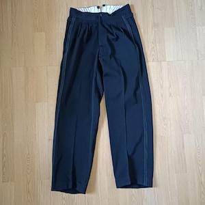 Vintage French black formal mens pants trousers braces cinchback satin stripe piping