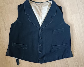 C1910s Antique Vest Formal Inky Black Pinstripe Brocade Print