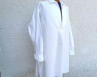 Camicia-grembiule vintage francese in cotone bianco, taglia L