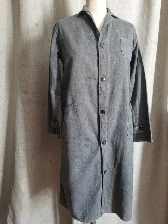 Vintage French grey long chore jacket duster coat… - image 1