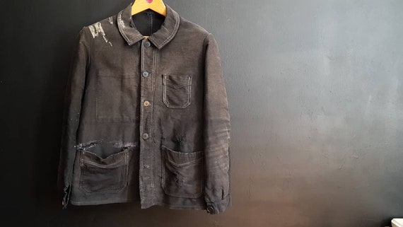 Vintage French black moleskin work chore jacket tr