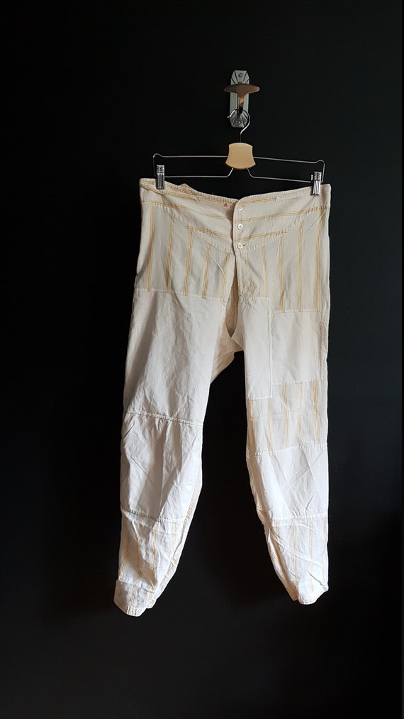 Antique Mens Linen Drawers Underwear Breeches Full Length Underwear  Embroidered Patches 