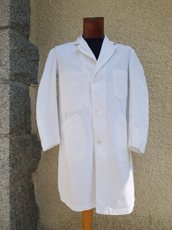 Vintage French white cotton worker long jacket co… - image 1