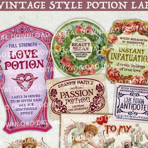 Love Potion Labels, Beauty, Infatuation, Passion, Cherub, Valentine, Vintage Apothecary, Scrapbooking Printable, Drinks - DIGITAL