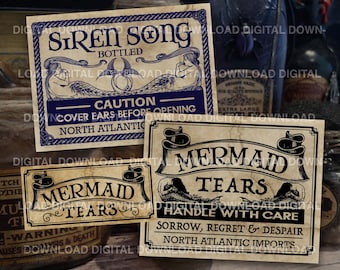 May include: Three vintage-style potion bottle labels with a Halloween theme. The labels are printed on brown paper with black text and illustrations. The labels read "Siren Song Bottled", "Mermaid Tears Handle With Care Sorrow, Regret & Despair North Atlantic Imports", and "Mermaid Tears".