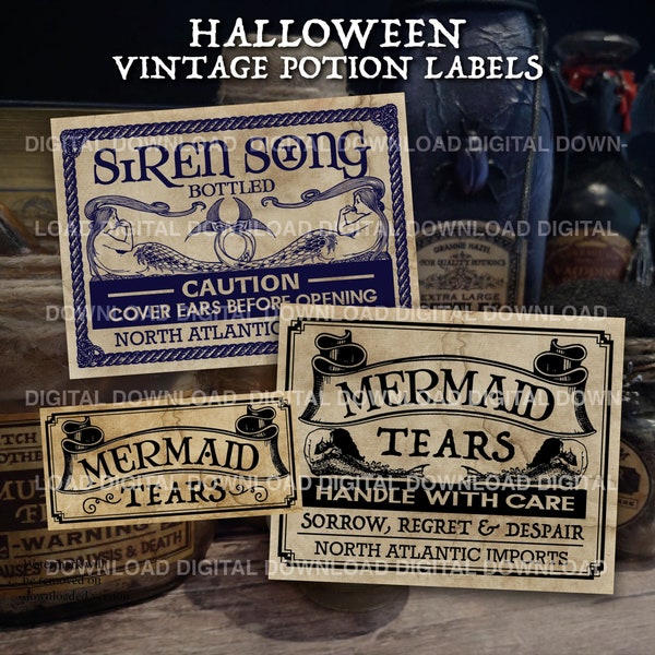 Halloween Potion Bottle Labels / Mermaid Tears / Siren Song, Apothecary, Vintage, Witch, Unique Spooky Decorations - DIGITAL