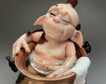 OOAK Fairy - Ogre Art Doll, Bathing in Cauldron, Polymer Clay