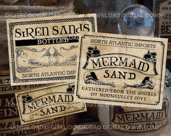 May include: Three vintage-style potion bottle labels with a Halloween theme. The labels are printed on parchment paper and feature black text and illustrations. The labels read "Siren Sands Bottled", "Mermaid Sand Gathered from the Shores of Moongulley Cove", and "Mermaid Sand".