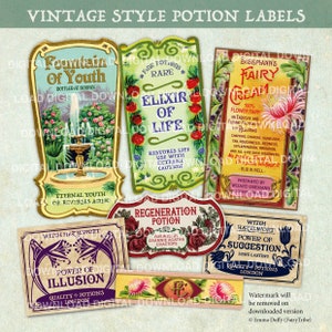 May include: Vintage style potion labels with illustrations of flowers, fountains, and fairies. The labels have names like "Fountain of Youth", "Elixir of Life", "Regeneration Potion", "Power of Illusion", "Witch Hazelwort Power of Suggestion", and "Bisemann's Fairy Cream".