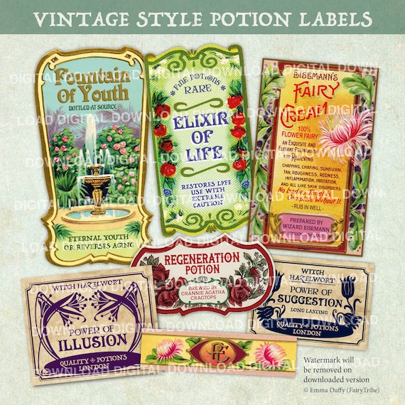 Vintage Potion Labels, Elixir Of Life, Fountain Of Youth, Witch, Apothecary, Scrapbooking Printable, Drinks, DIY, Party Decoration - DIGITAL