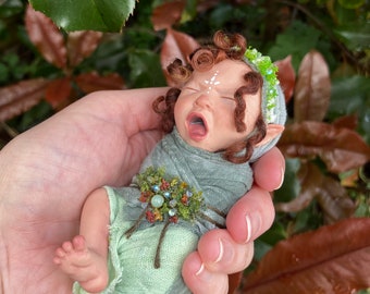 OOAK Fairy Baby Art Doll, Polymer Clay, Yawning Elf,