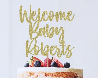 Welcome baby cake topper, baby shower cake top, baby shower decorations, gold cake topper, pink and gold baby shower, girl baby shower decor