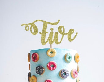 5th Cake Topper, five cake topper, 5rd birthday cake topper, Gold Glitter party decorations, cursive topper, 5 cake topper