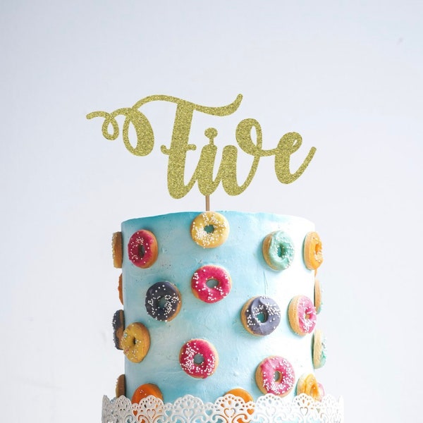 5th Cake Topper, five cake topper, 5rd birthday cake topper, Gold Glitter party decorations, cursive topper, 5 cake topper