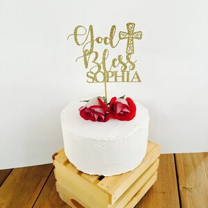 Baptism cake topper, god bless cake topper, cross cake topper, baptism girl cake topper, baptism decorations, gold cake topper image 2