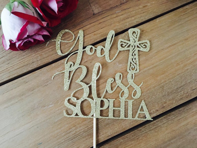 Baptism cake topper, god bless cake topper, cross cake topper, baptism girl cake topper, baptism decorations, gold cake topper image 1