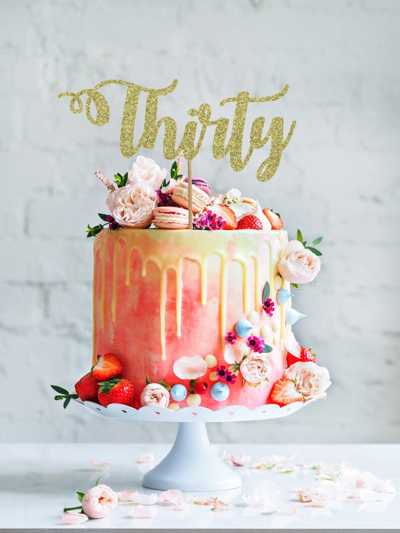 Thirty Cake Topper, 30th Birthday Cake Topper, Milestone Birthday Topper, Glittery Cursive Cake Topper, 30th birthday decor image 2