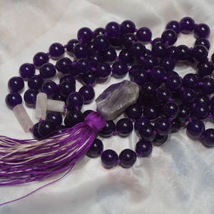 Amethyst,Rose Quartz,108 bead Mala, Raw Amethyst Gurubead