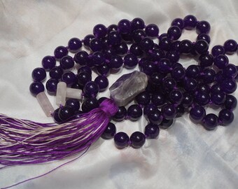 Amethyst,Rose Quartz,108 bead Mala, Raw Amethyst Gurubead