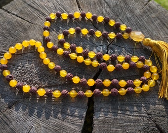 Yellow Topaz,Lava stone,Citrine 108 bead Mala,handmade silk tassel