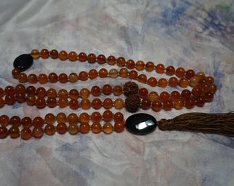 Carnelia,Rudraksha,Onyx, 108 bead Mala,Onyx Gurubead