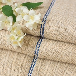 Antique Grain Sack Fabric Blue stripes EUROPEAN GRAINSACKS / fishbone pattern