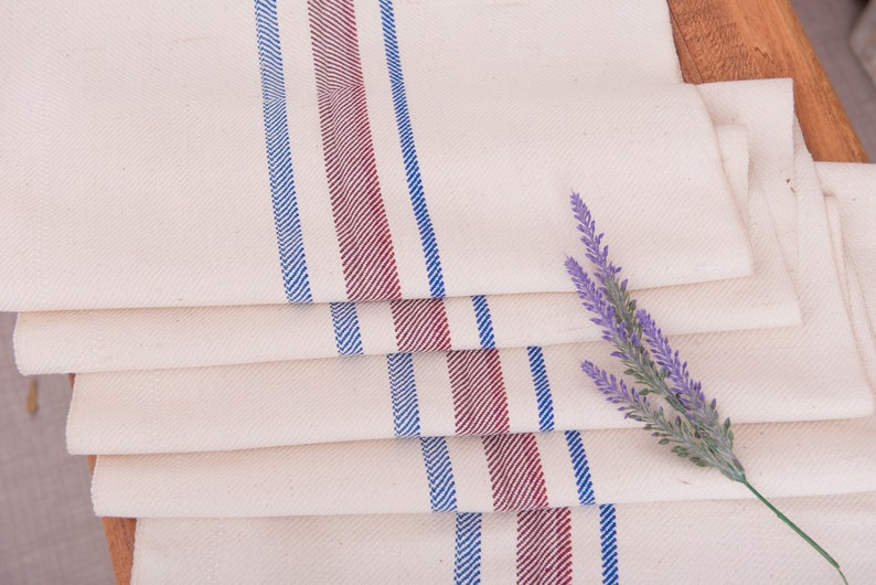Upholstery fabric Blue Burgundy stripes Fabric Antique linen Grain Sack pillow wedding decoration pillow benchcushion tablerunner
