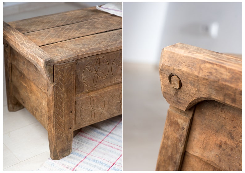 Primitive Old traditional hand carved chest, beech wood image 4