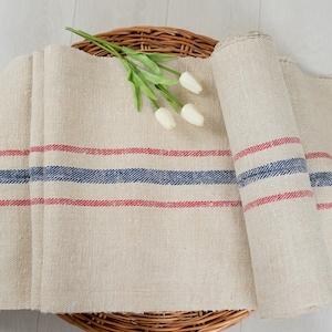 Grain Sack Fabric Blue Red stripe ANTIQUE Grain sack fabric hand made . Roll of 4.37 Yards