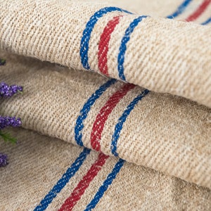Grain Sack Fabric Red Blue stripes Antique Grain sack fabric hand made  **EUROPEAN GRAINSACKS**