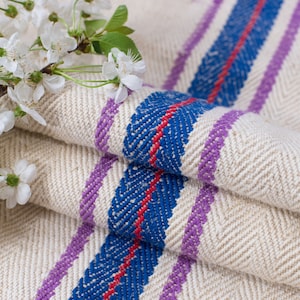 Hungarian grain sack pillowcase / Purple Blue stripes grain sack / grain sack roman shade/ Natural hemp fabric/ flour rug