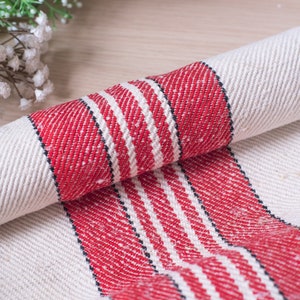 Linen fabric by the yard for upholstery / Red Black stripes Antique handwoven/ Flour sack fabric by the yard  ** European grain sack **