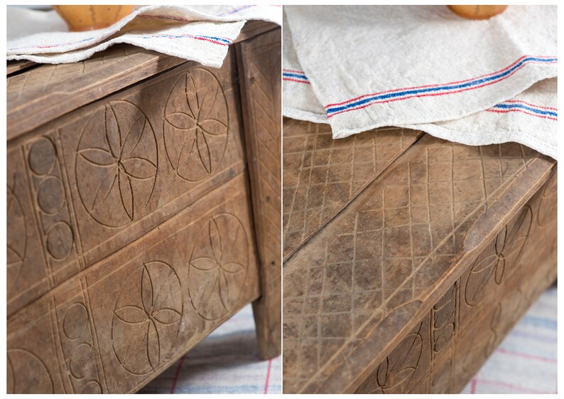 Primitive Old traditional hand carved chest, beech wood image 8