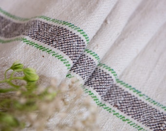 Grain sack Fabric | Green Brown stripes | ANTIQUE 1900' |  Cottage design grain sack