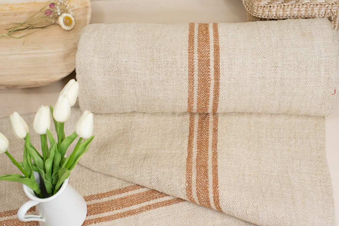 French grain sack fabric by the yard/ Grain sack fabric tan/ Etsy