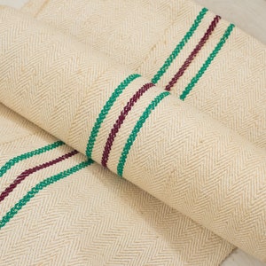 Grain Sack Fabric / Groen bos en rode wijn strepen / Antieke Grain zak stof / franse korrel zak stof op maat gesneden
