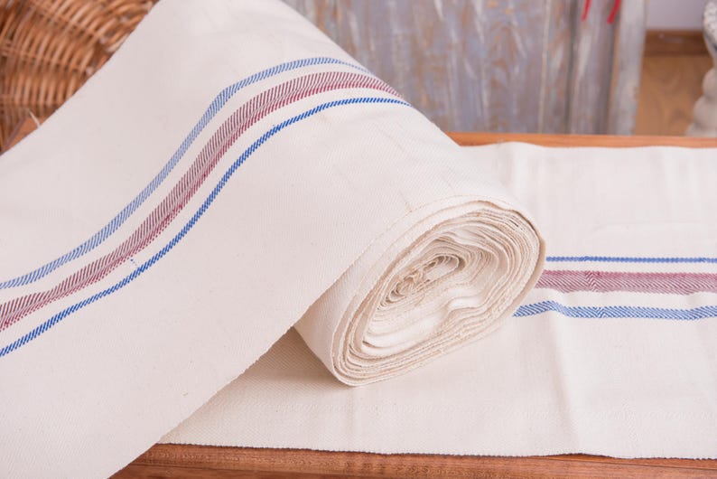 Upholstery fabric Blue Burgundy stripes Fabric Antique linen Grain Sack pillow wedding decoration pillow benchcushion tablerunner