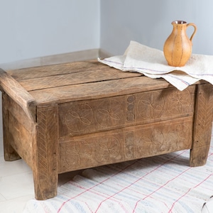 Primitive Old traditional hand carved chest, beech wood image 1